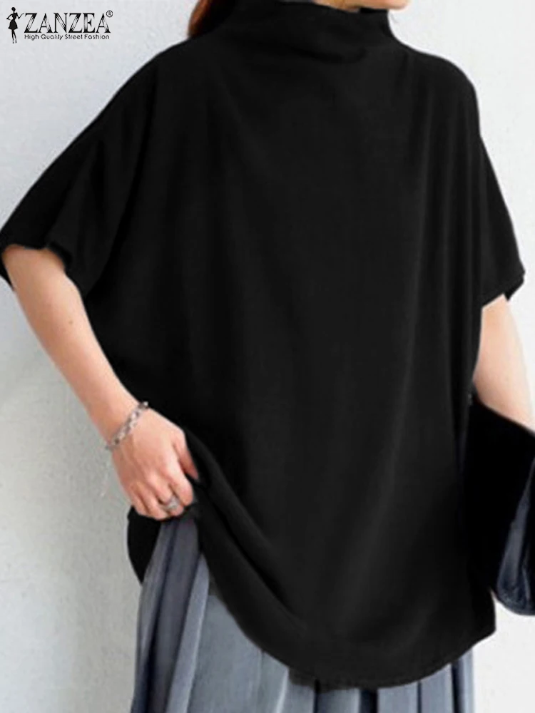 Zanzea Elegante Causale Oversized Blouse Zomer Vrouwen Effen Coltrui Korte Mouw Terug Rits Puur Katoen Blusas Holiday Tops