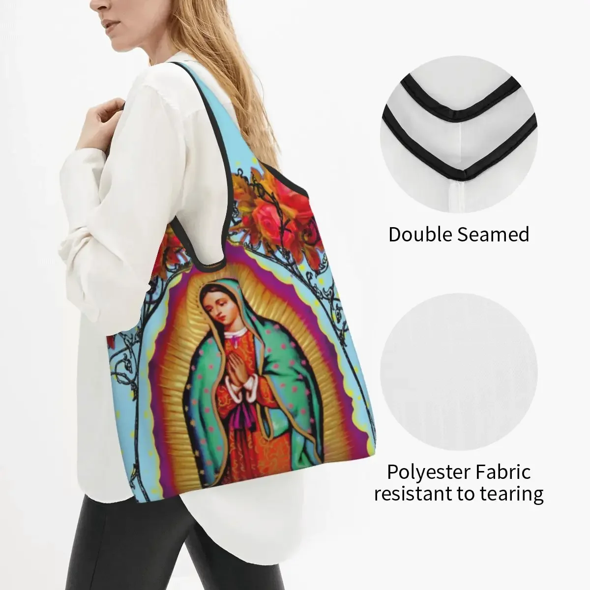 Christian Catholic Reusable Shopping Grocery Bags Foldable 50LB Weight Capacity Virgin Mary Eco Bag Eco-Friendly Eco-friendly