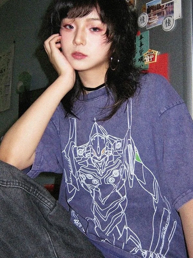 Evangelion – t-shirt délavé à l'acide Y2K pour hommes et femmes, Streetwear Vintage imprimé, tendance de rue, vêtements surdimensionnés délavés