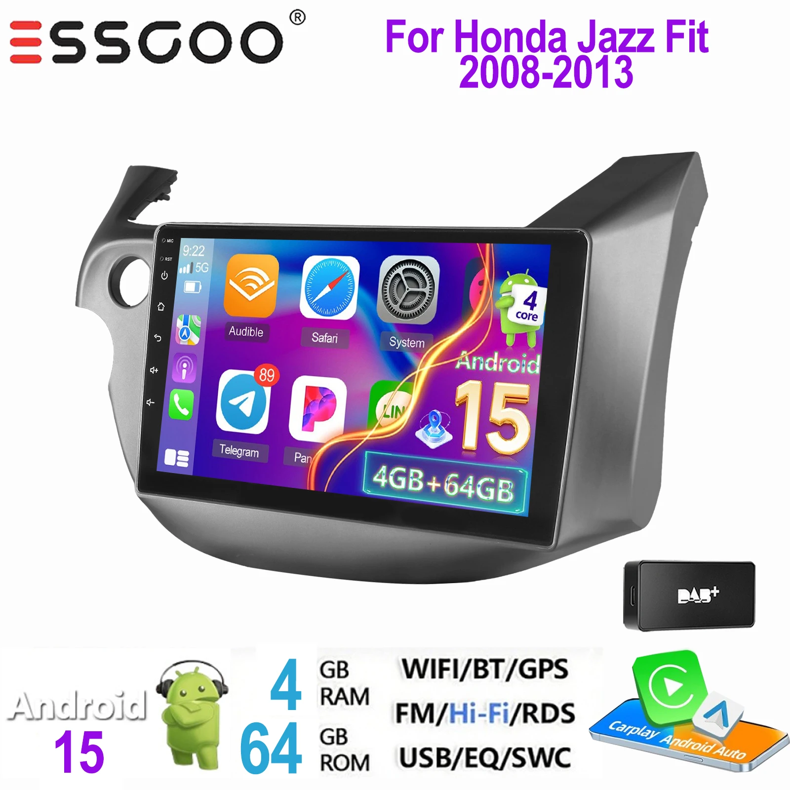 ESSGOO 2 DIN autoradio voor Honda Jazz Fit 2008-2013 Android 15 met draadloze Carplay, Android Auto, GPS, NAVI, WIFI, SWC, RDS, FM, ASP
