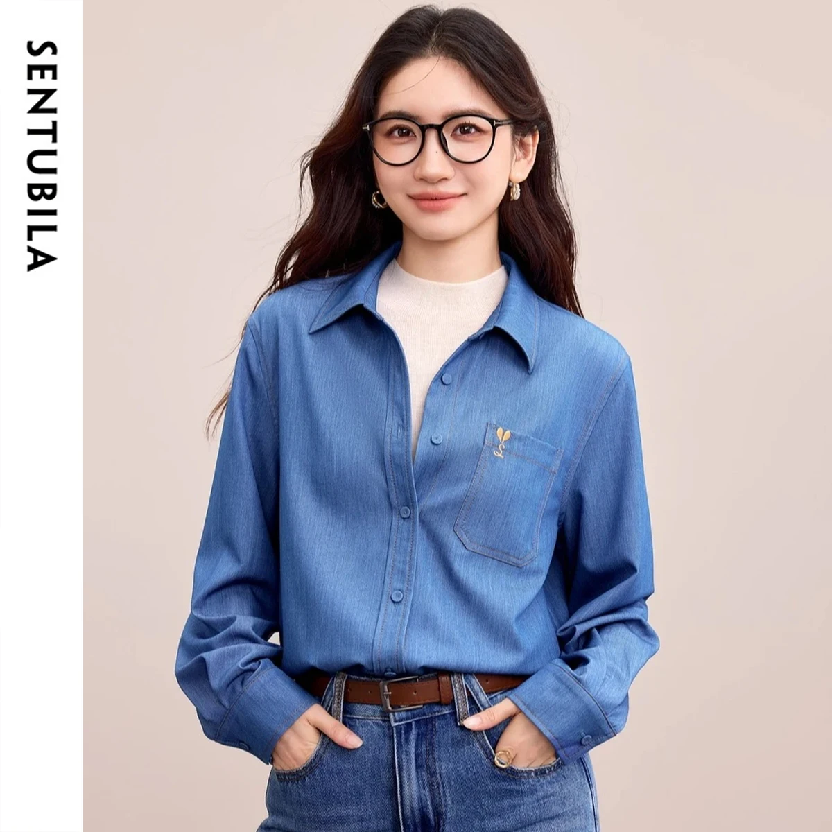 

SENTUBILA Casual Shirt Heart Embroidery Single Breasted Tops Blue Loose Fit Dropped Sleeves Shirt 2025 Autumn Clothing 153CA2762