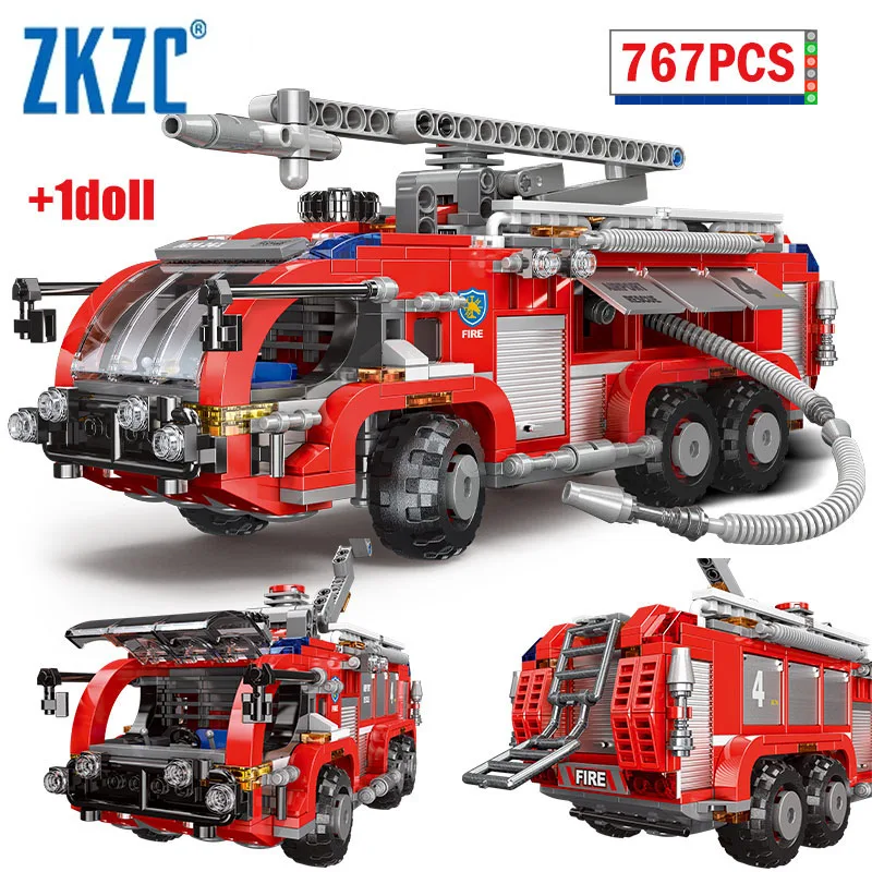 ZKZC City Fire Rescue Vehicle Series Airport Fire Vehicle Building Block Technical Fire Police Car Brick Children Toys Gifts