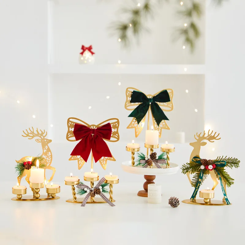 Christmas Deer Bowknot Candle Holder Modern Table Candlestick Ornament Desktop Decoration for Xmas Holiday Wedding Fireplace