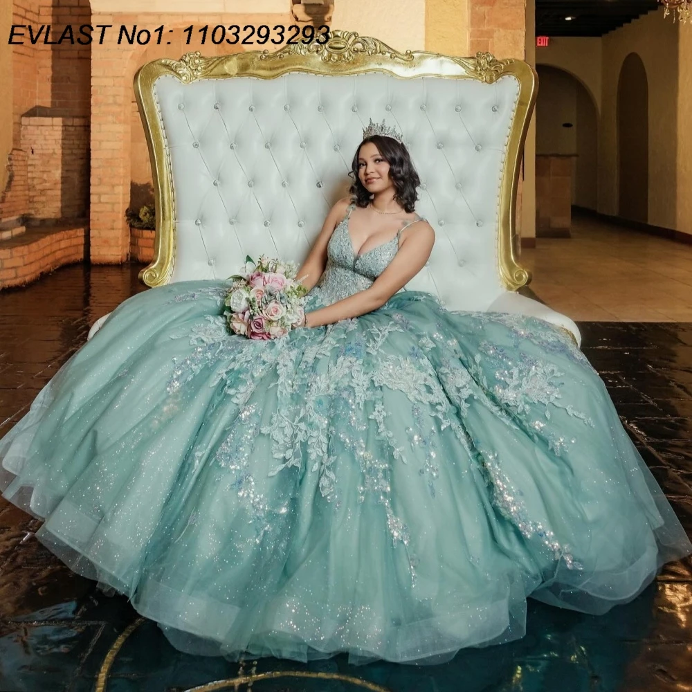 

EVLAST Customized Glitter Mint Green Quinceanera Dress Ball Gown Lace Applique Beading Bow Sweet 16 Vestidos De 15 Anos E1QN621