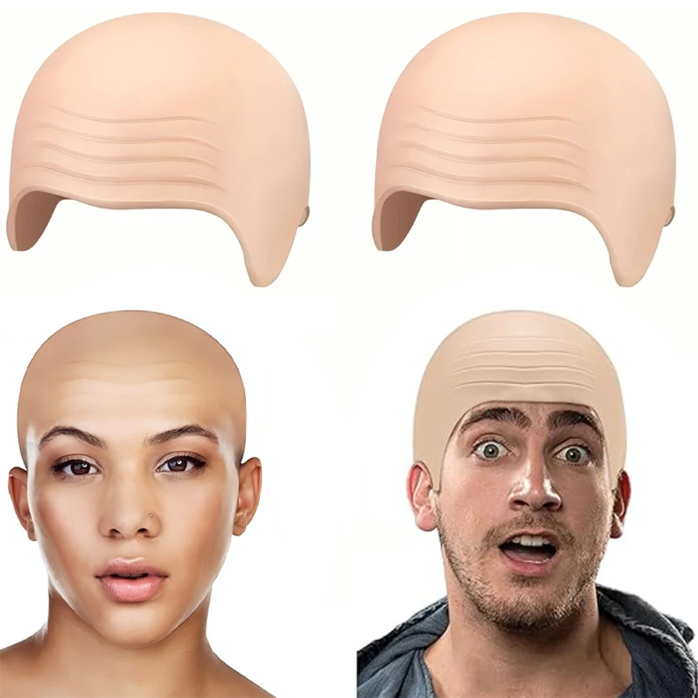 Fake Bald Wig Cap with Glasses Nude Latex Bald Cap with Beard Adults Bald Cap for Stage Play Accessory