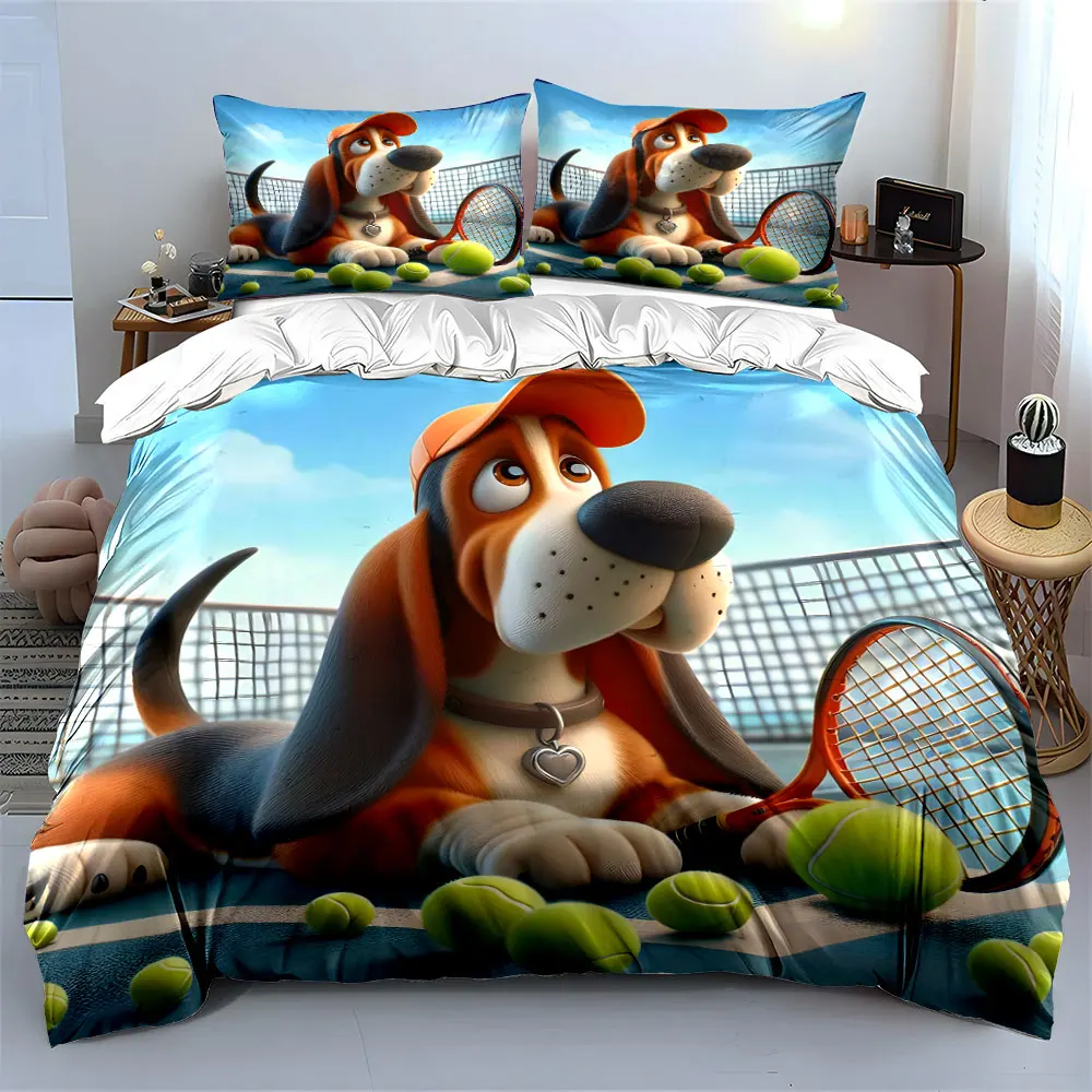 Adorable dog on tennis court Pattern Duvet Cover Set Digital Print Colorful Polyester Bedding with Zipper Closur for kids gifts
