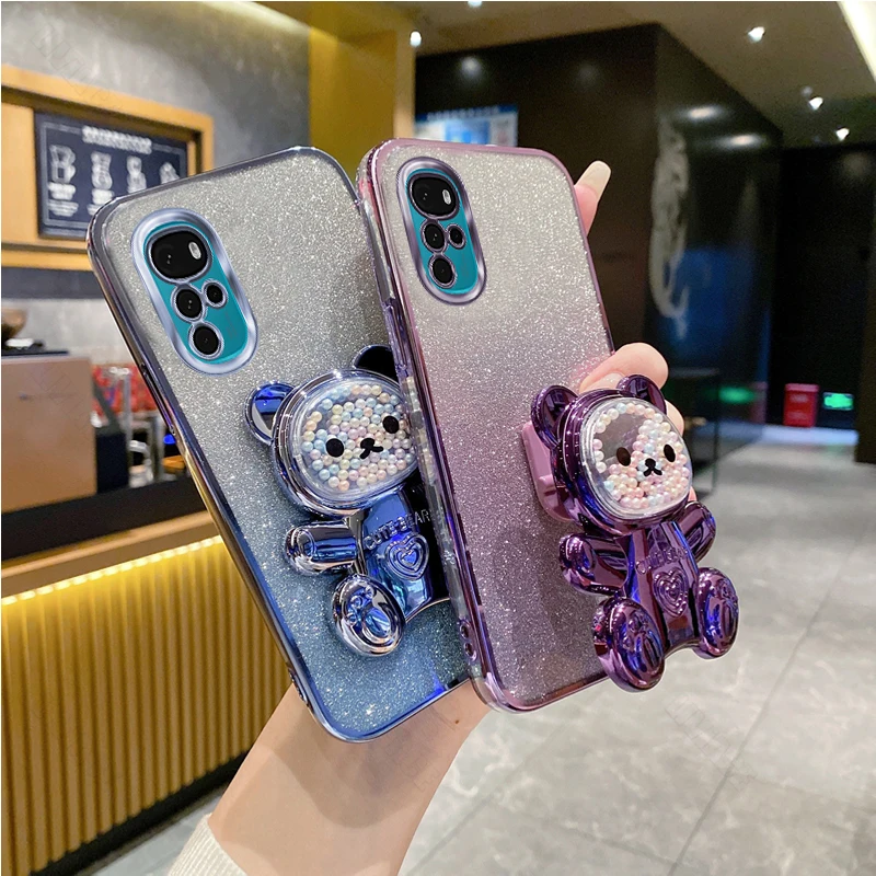 G 22 Glitter Bling Bear Silicone Phone Holder Case On For Motorola Moto G22 MotoG22 Motorola22 Girl Woman Stand Back Cover