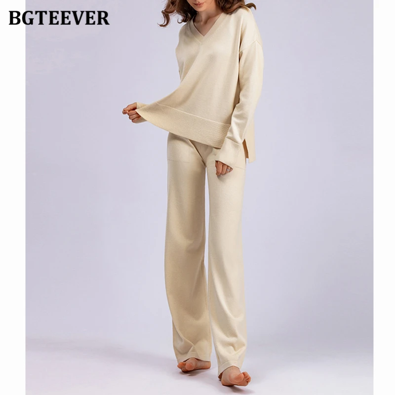 BGTEEVER Set maglione da donna allentato casual Pullover invernale con scollo a V a maniche lunghe e pantaloni dritti Pantaloni lavorati a maglia Abiti da donna