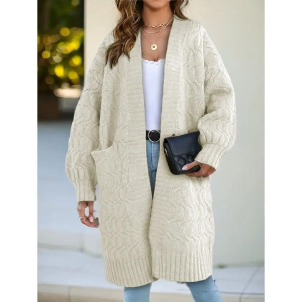 

Women's Knitted Cardigan European American Style Loose Mid-Length Solid Color Sweater Coat with Twist Pockets for Autumn Winter