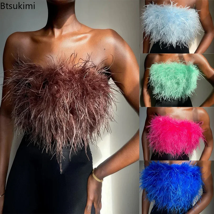 2024 Summer Women Feather Top Sexy Off Shoulder Cropped Y2K Tube Top Furry Crop Party Club Tank Woman Zipper Green Tops Cute