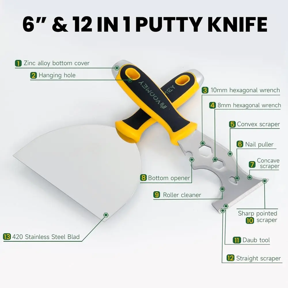 6 Inch Stainless Steel Putty Knife, 12 In1 Paint Scraper, Drywall Taping Knife 2 Pack, Paint Scraper Tool for Repairing Old Wall
