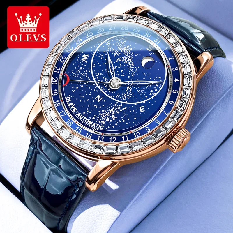 

OLEVS 9923 Upgraded Men's Automatic Mechanical Watch Rotating Second Moon phase Blue Starry Luminous Waterproof Wristwatch