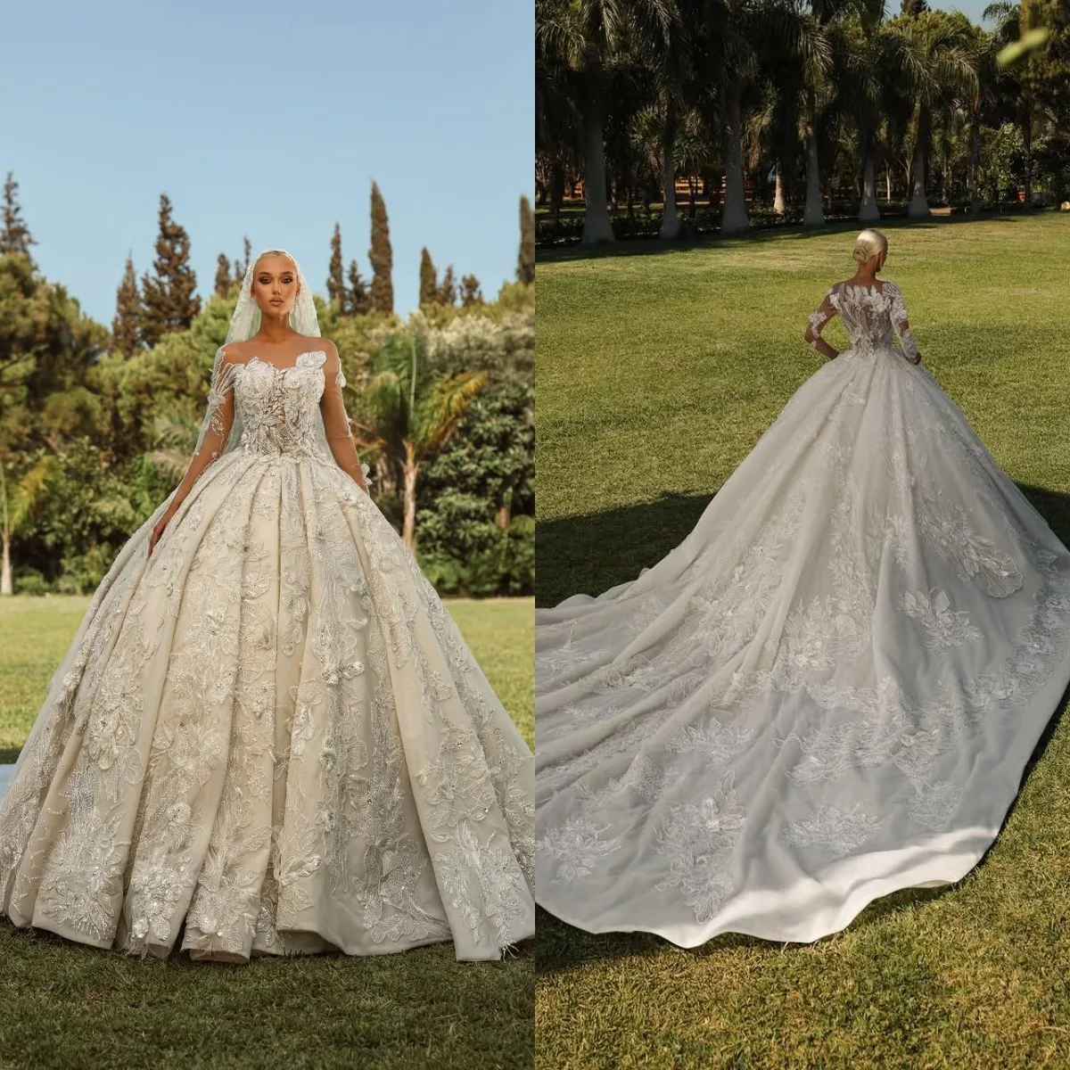 

Gorgeous Ball Gown Wedding Dress Sequins Appliques Bridal Gowns Sheer Neck Long Sleeves Sweep Train Dresses Customized vestidos