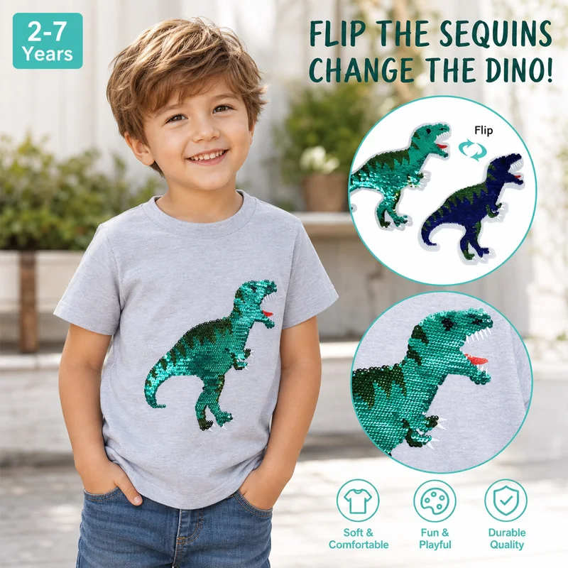 Little Hand Boys Cotton Casual Short Sleeve Top Kids Soft Fabric Reversible Sequin T-Shirts Toddler Dinosaur Summer Tops for 2-7