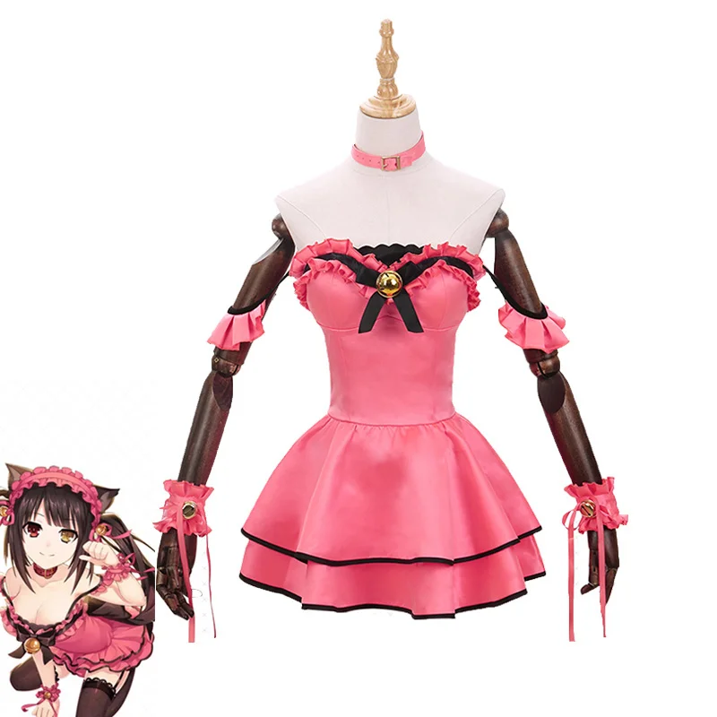 Disfraz de Anime con cita en vivo Tokisaki Kurumi para mujer, traje Sexy de gato rosa, vestido bonito, lencería, traje de Carnaval de Halloween