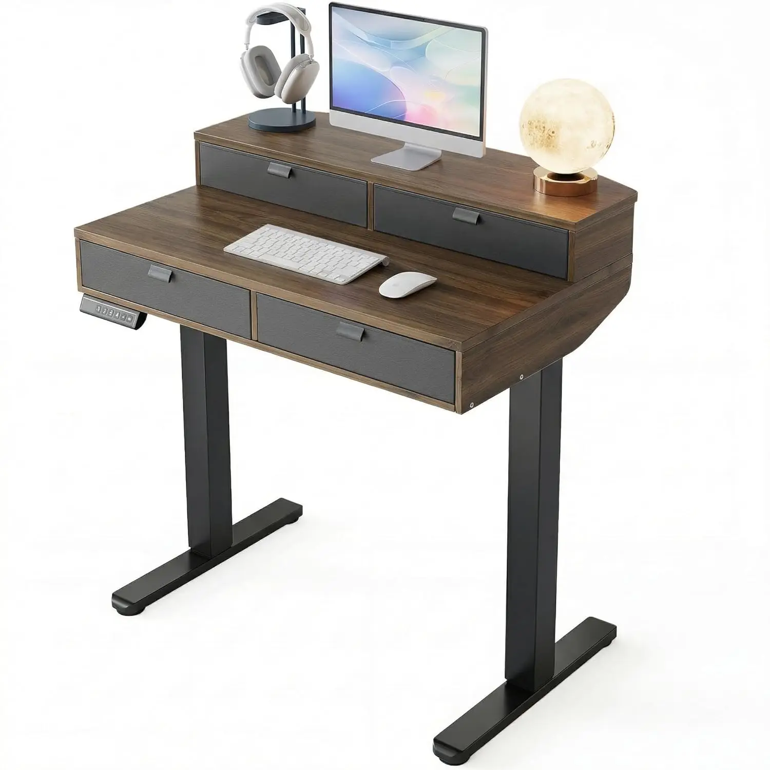 Electric Standing Desk 4 Drawers Walnut Monitor Shelf C-Clamp 4 Memory Presets 28.3-46.5 Inch Height 32x20 Inch, Customized