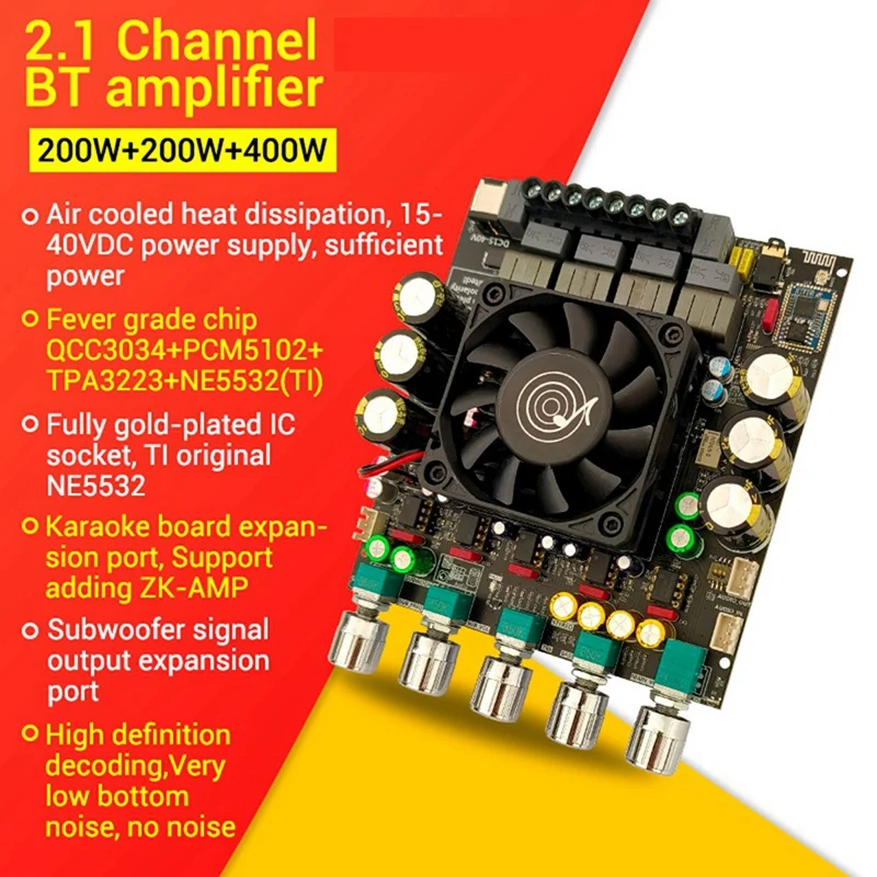 New-ZK-APTX2 TPA3223 2.1 Channel Sound Power Amplifier Board 200W+200W+400W Bluetooth Subwoofer Audio Amp Module