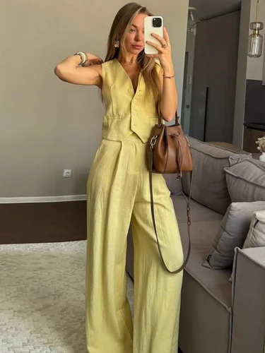 Imagen 2 del producto 2025 Conjunto de pantalón y chaleco de lino y algodón para mujer, traje transpirable sin mangas con cuello en V profundo, traje informal holgado para ir al trabajo, uso diario
