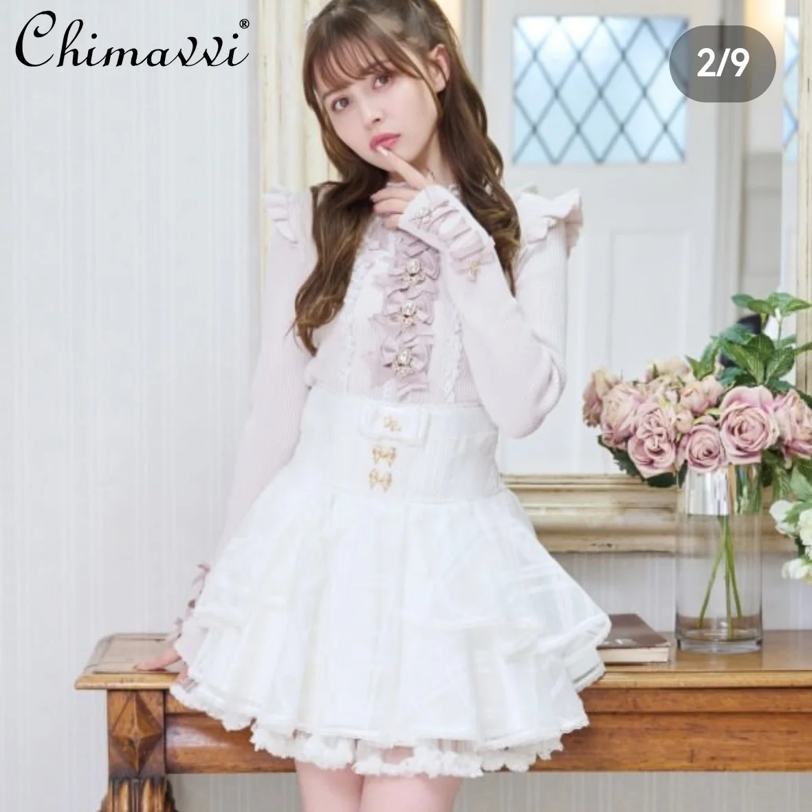 النمط الياباني ليز لطيف القوس الدانتيل المرقعة محبوك سترة الخريف جديد فتاة حلوة طويلة الأكمام أنيقة الأميرة سترة أعلى