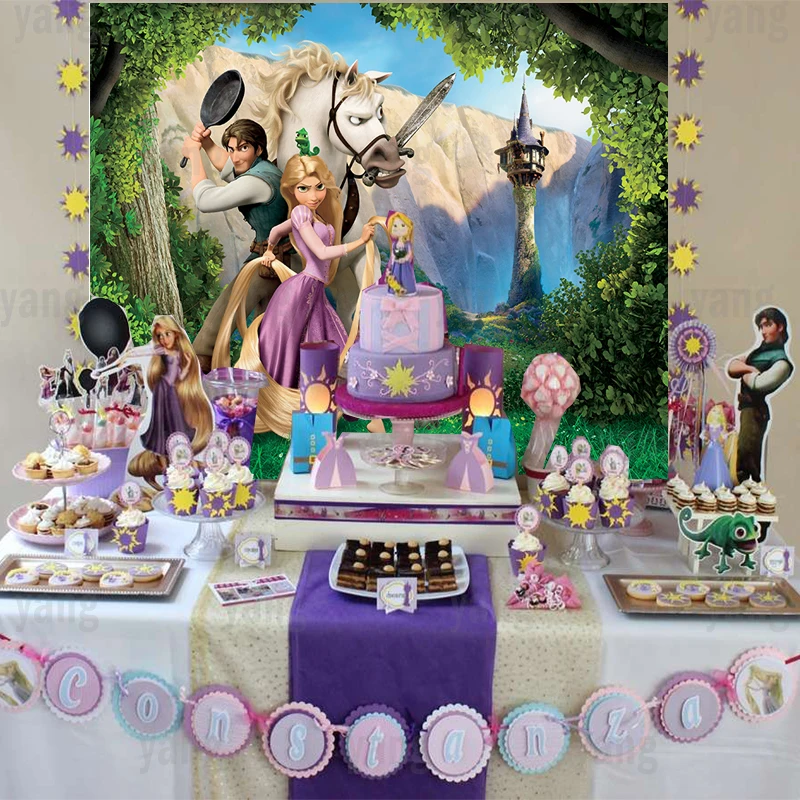 Cartone animato dorato Rapunzel cavallo bianco sfondo ragazza festa di compleanno decorazione Studio fotografico foto sfondo camera dei bambini