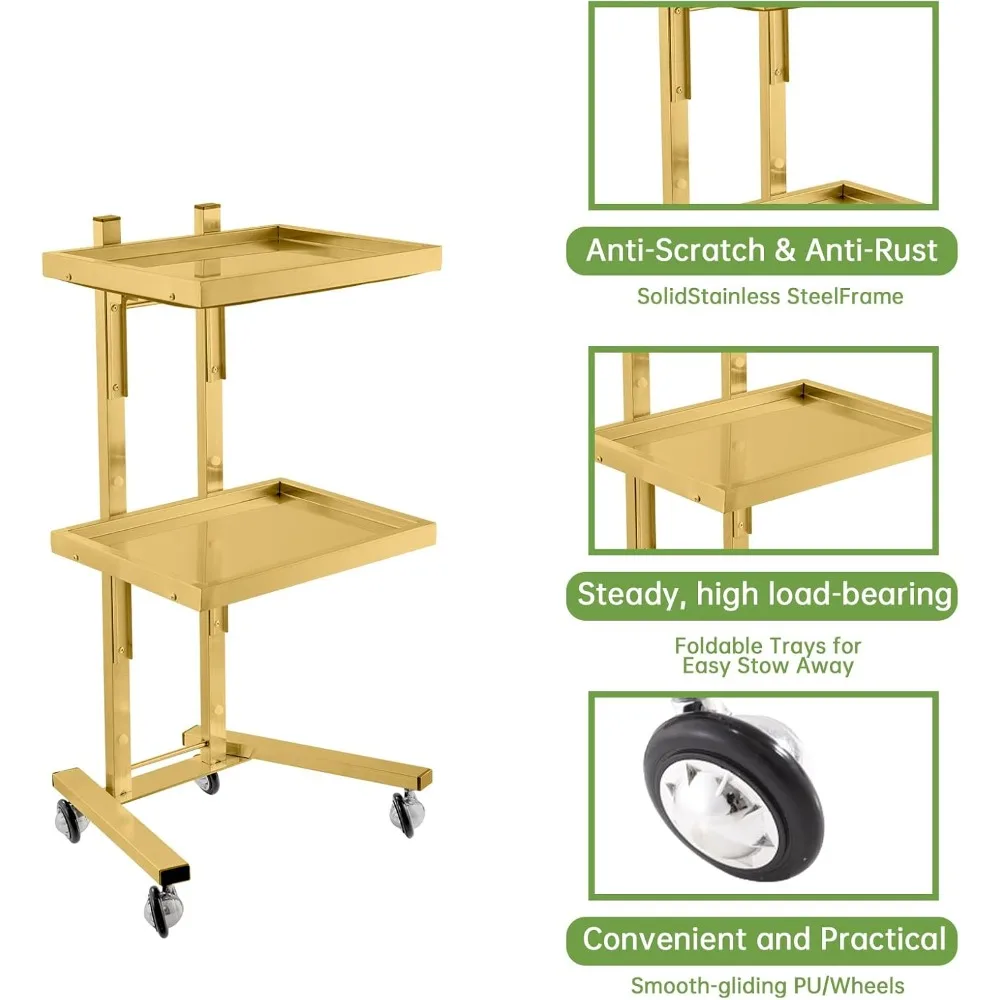 عربة دوارة معدنية من طبقتين، صينية صالون من الفولاذ المقاوم للصدأ مع عجلات، عربة أدوات قابلة للطي، عربة صالون، عربة طبية