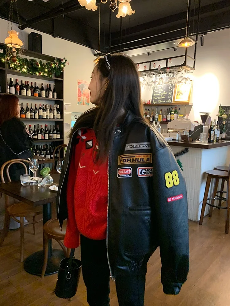 Bla PU Leather Biker Jaet Women's Design Sensation Small Cotton Winter Coat ort Size Ladies Faion Outerwear