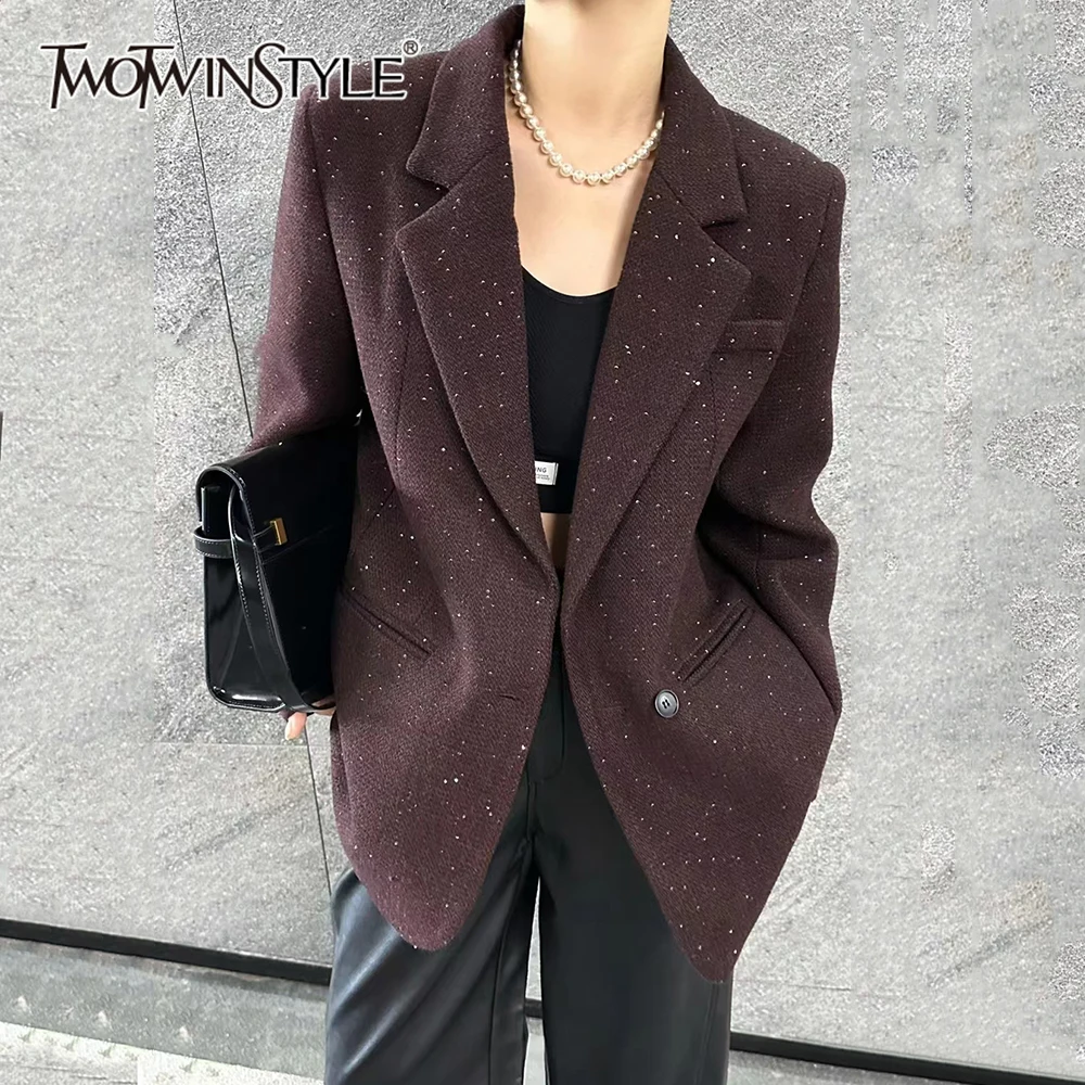 TWOTWINSTYLE Temperament Patchwork Pocket Coats For Women Notched Collar Long Sleeve Spliced Button Designer Blazers Female New