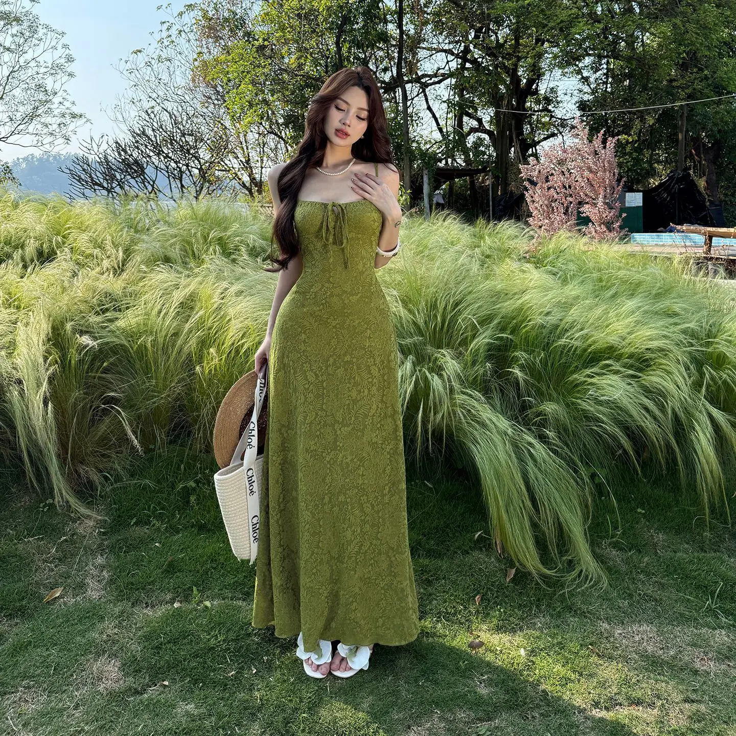 Harajuku Vintage Olive Green Jacquard Maxi Dress Spaghetti Strap Drawstring Bodycon Robe Elegant Casual Summer Party Prom Dress
