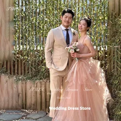 TULX Simple Tulle A-line Korea Wedding Dress Shoot Spaghetti Straps Floor Length Tiered Bridal Dresses Corset Back Custom 웨딩드레스