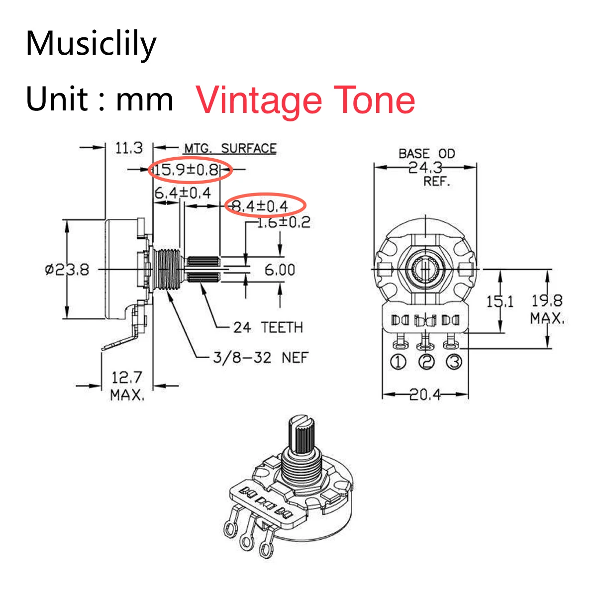 CTS 450G Vintage Tone/No-Load A250K Pot Brass Short Split Shaft 1/4 Inch 10% Audio Taper Potentiometer for Electric Guitar Bass