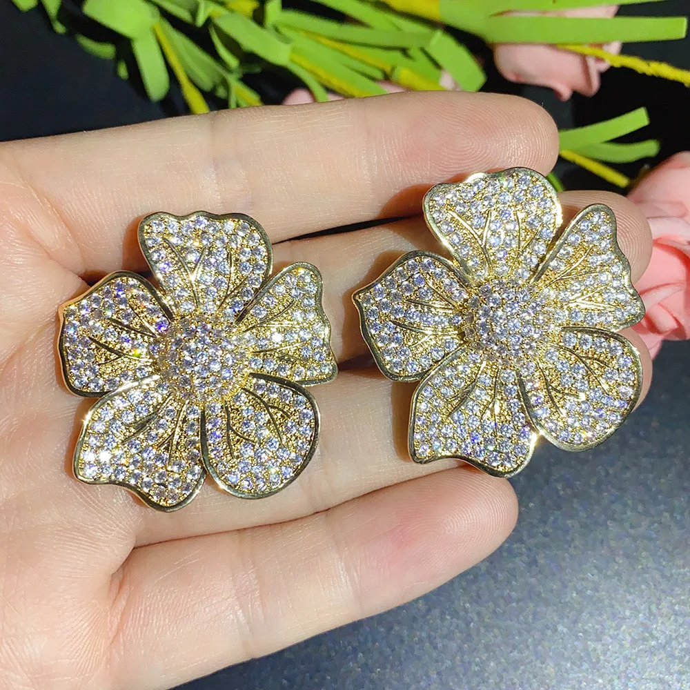 S925 Sterling silver Big Flower Design Earrings for Women Full Bling Iced Out CZ Sparkling Female Earrings Wedding Trendy Jewelr