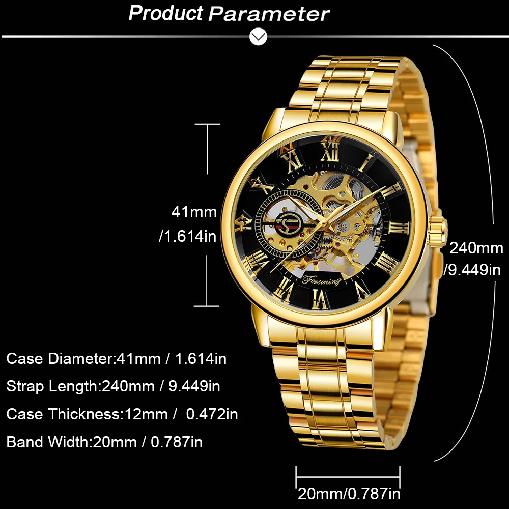 FORSINING الكلاسيكية الذهبي الجوف الرجال ساعات المعصم ساعة ميكانيكية الفولاذ المقاوم للصدأ الأرقام الرومانية مؤشرات مضيئة الهيكل العظمي على مدار الساعة
