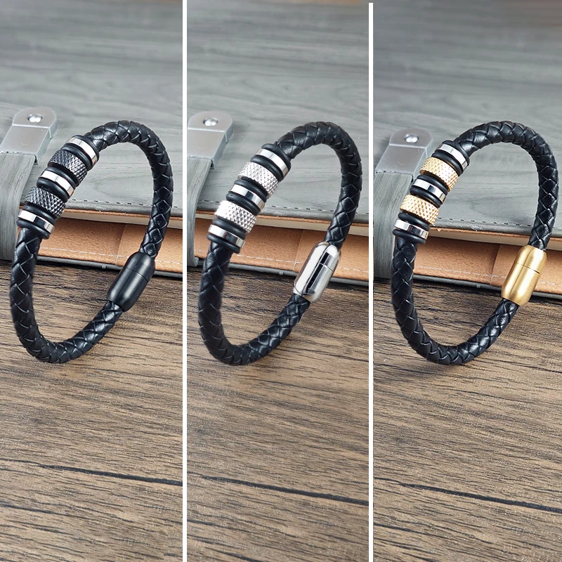 

Classic Style Leather with Stainless Steel Stitching Combination Men's Bracelet Black/Steel/Golden Buckle Party Accessories Gift