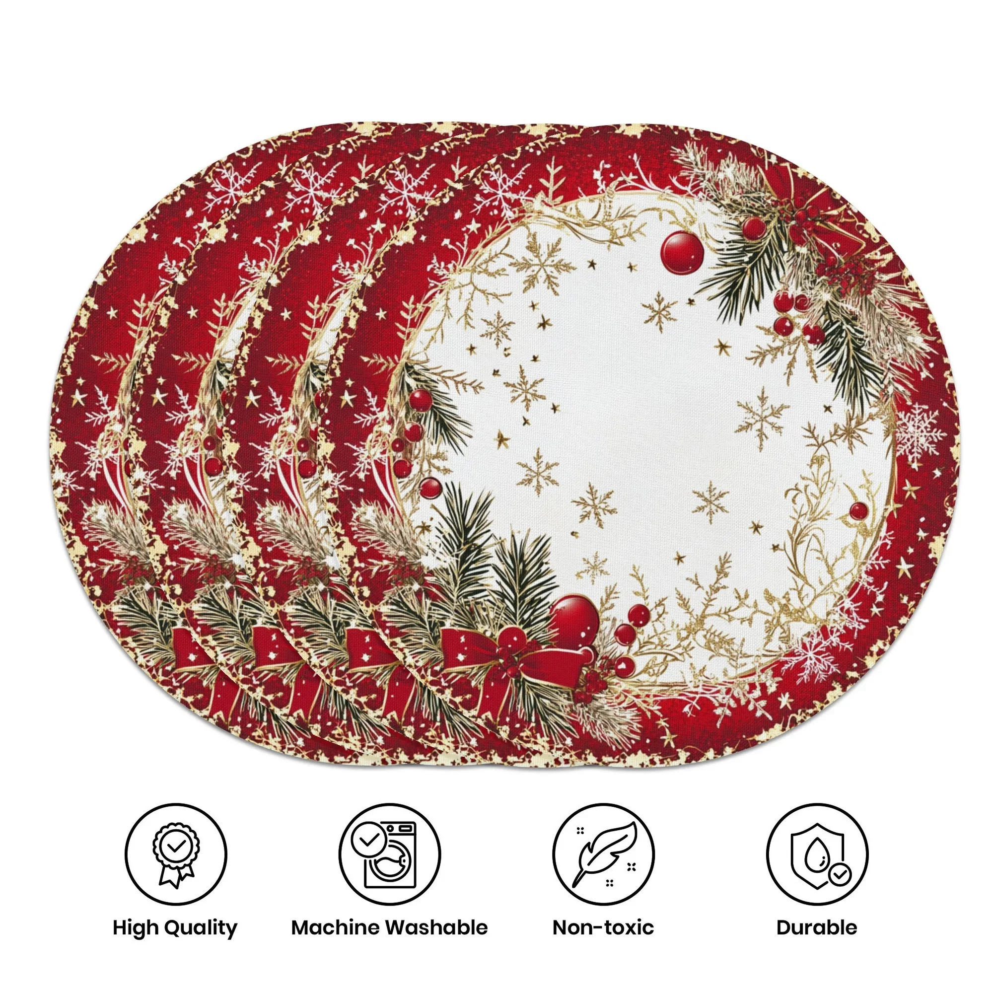 VIKAMA 4-Piece Red & Gold Christmas Pine Branch Placemats Dinner Party Christmas Celebrations Holiday Table Decor & Accessories