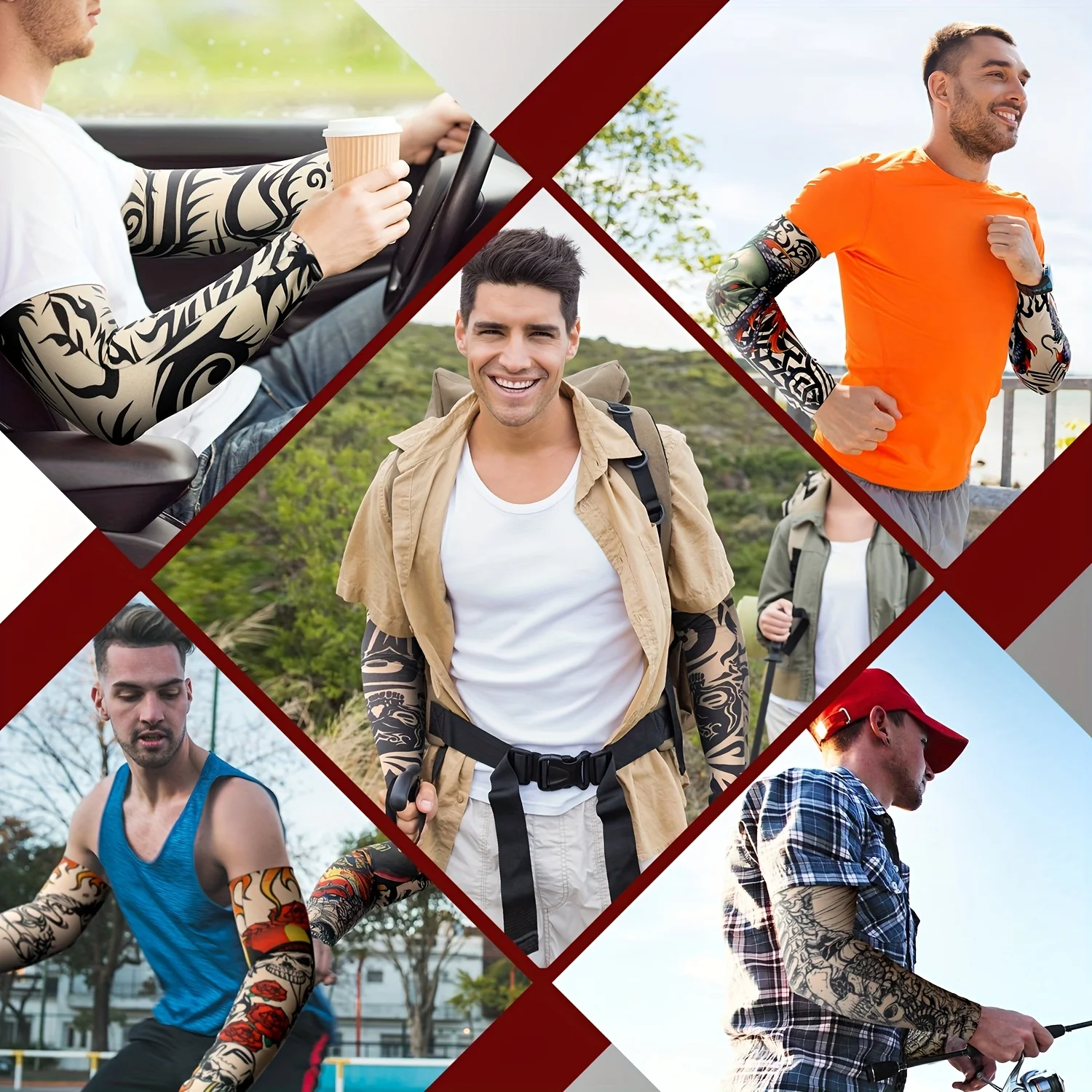 남성용 쿨링 암 슬리브 20개, 긴 손가락 없는 슬리브, 미끄럼 방지 UV 보호, 스포츠 임시 문신 슬리브