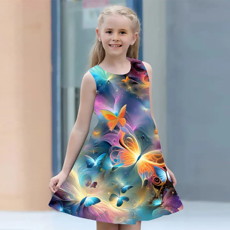 Summer Girl Dress 2024 Kids Clothes Sleeveless O-neck Butterfly 3D Print Children Princess Dress for Girls 5 to 6 Years Old