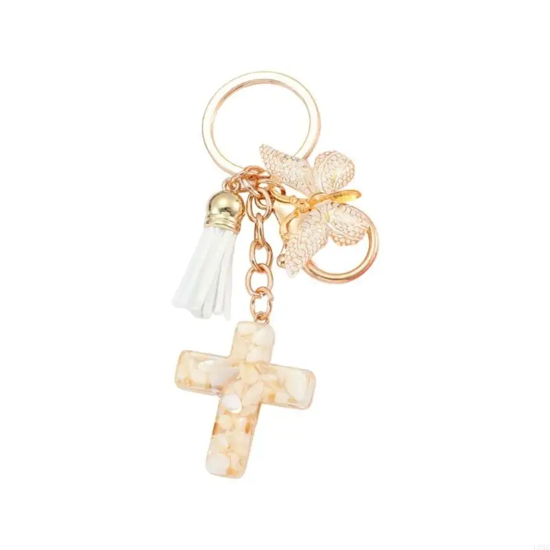 L9BE Stylish Resins Crosses and Butterfly Christian Keychain with Tassels for Women Unique Bag Charm Accessories Ornament