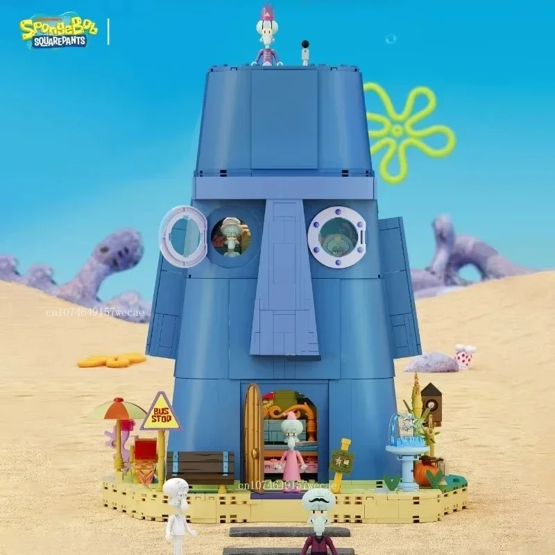 1655 Uds. Bob Esponja SquarePants estatua de piedra de calamar casa bloques de construcción modelo de dibujos animados ladrillos conjunto con luz juguetes para niños regalos