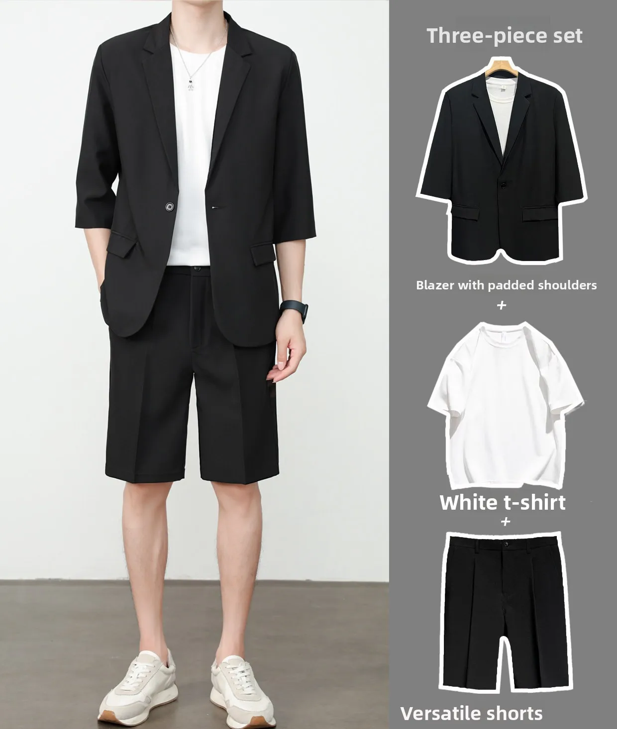 Black suit + white short t + shorts