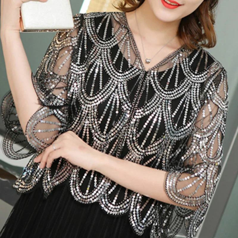 Women Jacket 2024 V-neck Short Cardigan Women Little Shawl Cape Summer Short Sleeve Sequins Hollow Lace Dress Shawl Jackets D493