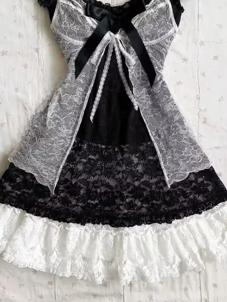 Summer Aesthetic Vintage Lolita Lace Slim Dress Women Gothic Sexy Y2k Lace Up Cardigan Women Kawaii Off Shoulder Sling Dresses