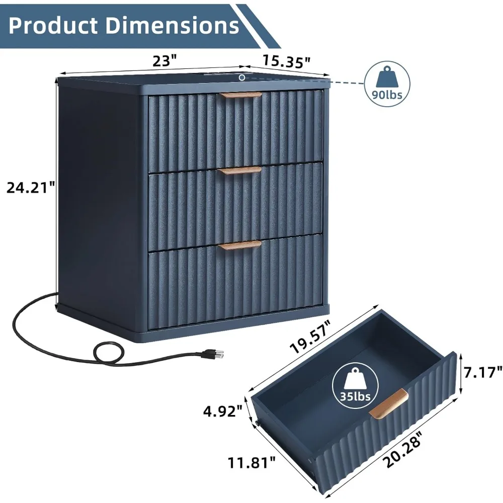 مجموعة منضدة مزرعة واسعة 23 مع قاعدة شحن، 3 أدراج، مقابض معدنية، طاولة نهاية كبيرة، طاولات ليلية زرقاء