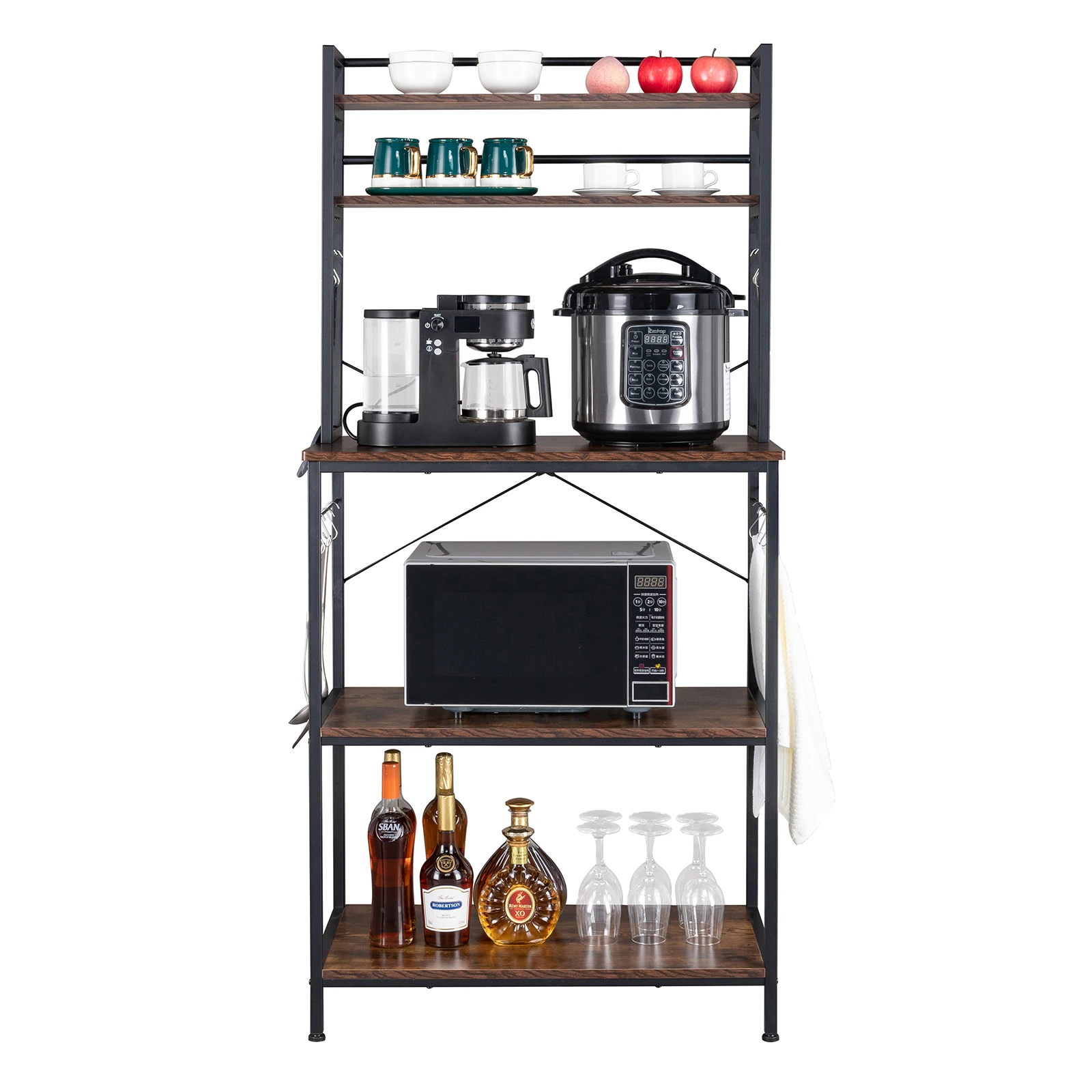 5-Tier Kitchen Bakers Rack with 10 S-Hooks, Industrial Microwave Stand, Free-Standing Kitchen Cart, Storage Shelf Organizer.