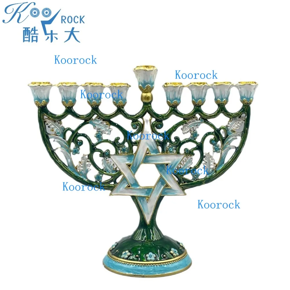 Pink Enamel Metal Menorah - Kosher 9-Branch Chanukiah with Hand-Art Craftsmanship, Jewish Religious Hanukkah Candlestick