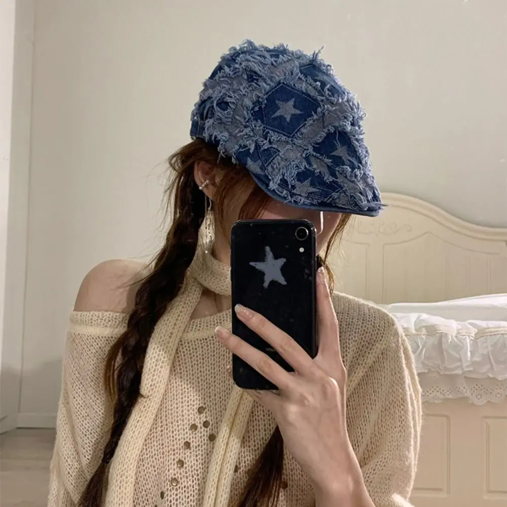 Korean Style Retro Blue Denim Beret Hat Washed Denim Fabric Star Raw Edge Newsboy Hat Adjustable Painter Hat Women Girl