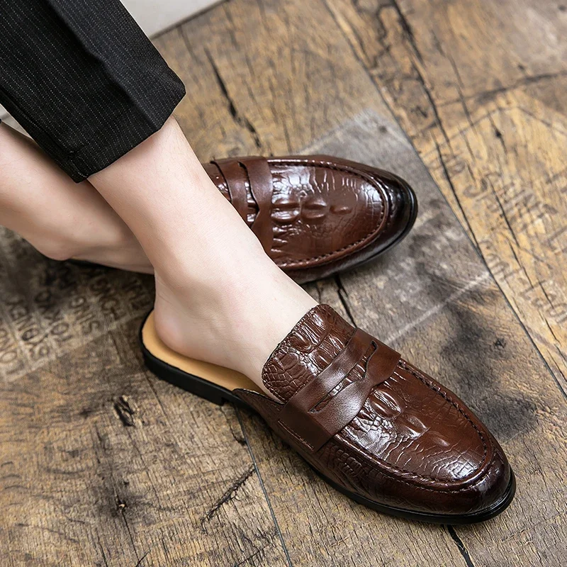 Men Shoes Casual Mens High-grade Crocodile Pattern Loafers Leather Half Slipper Slip on Shoes Men Summer Zapatillas Hombre Male