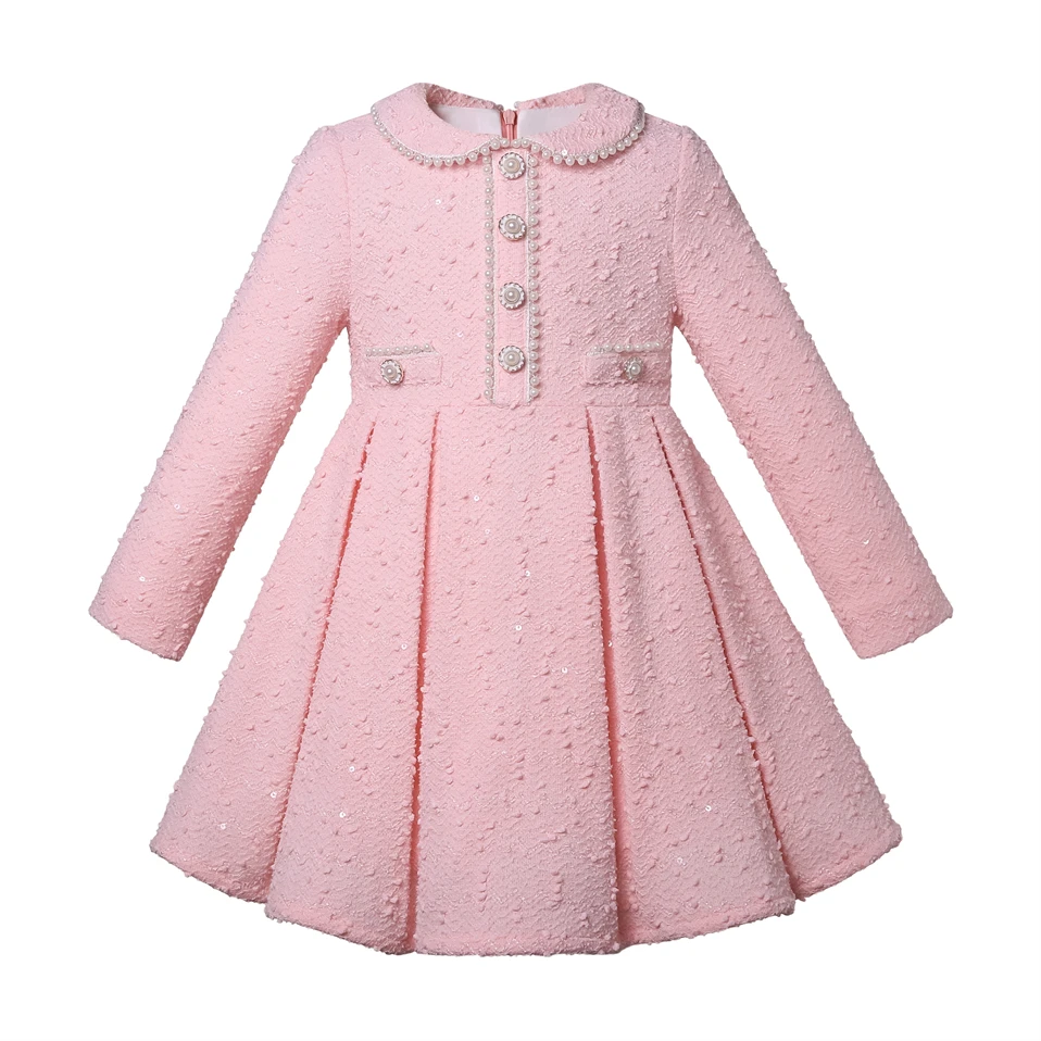 Pettigirl Long Sleeve Pink Dresses For Christmas Children GirLs Winter Clothing Size 2-12Y