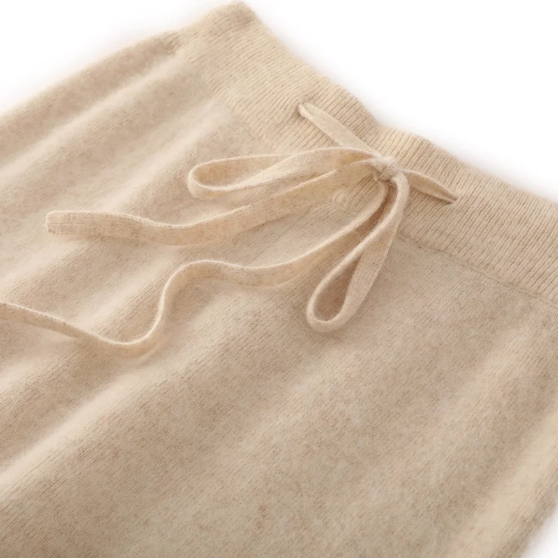 ฤดูใบไม้ร่วงใหม่ 100% Pure Mink Cashmere กางเกงขากว้างสุภาพสตรี Elastic High เอวหนาถักกางเกงสบายๆแบนหลวมตรงกางเกง