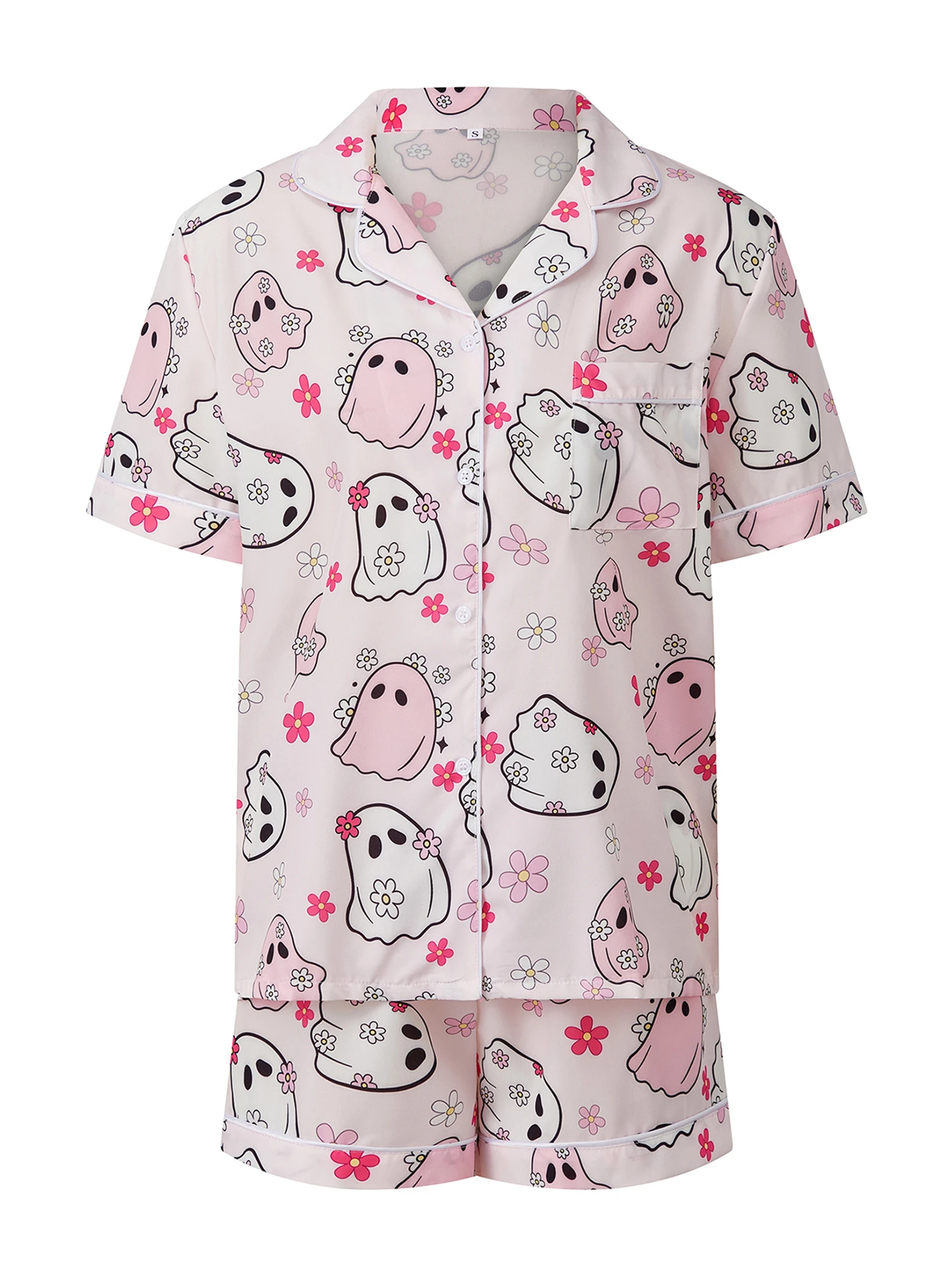 

Женский пижамный комплект из двух предметов на Хэллоуин, топы на пуговицах с короткими рукавами и шорты с эластичной резинкой на талии