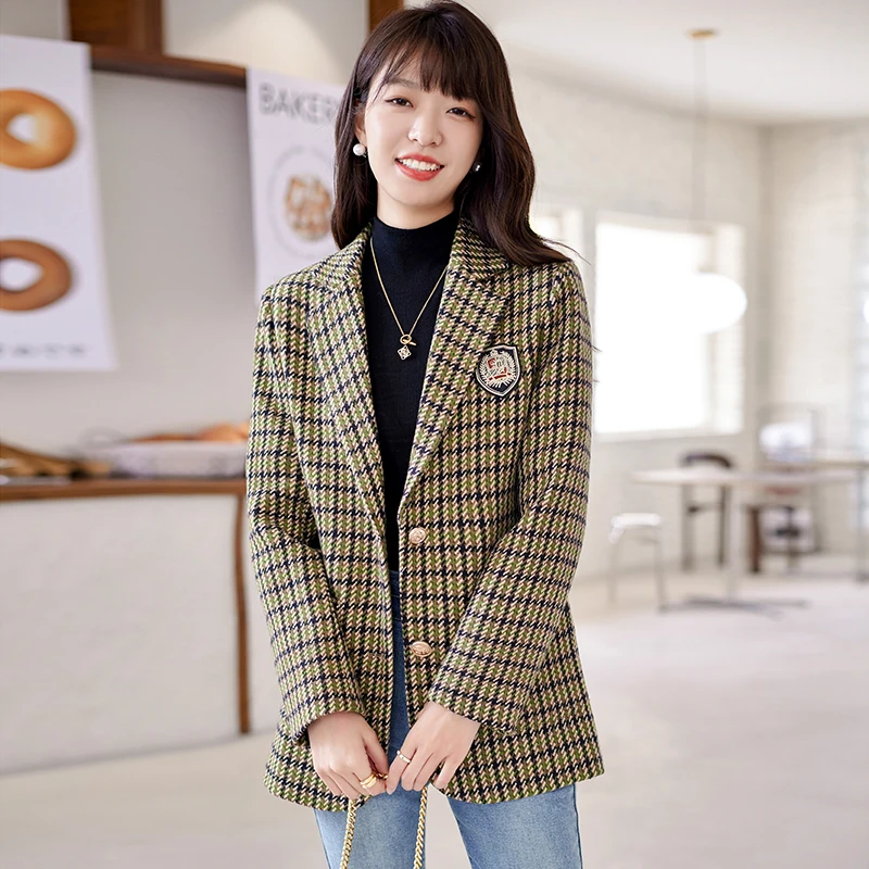 

Fashion Vintage New Houndstooth Women Tweed Woolen Blazer Single Breasted Plaid Female Suit Jacket Korean Outerwear Loose Coat